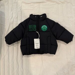 Zara Kids Black Puffer Jacket with Green Accents NBA